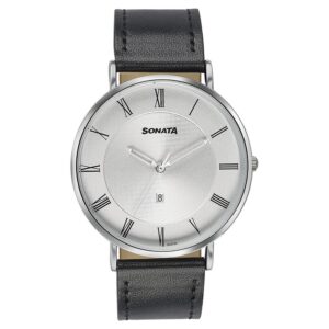 Sonata Quartz Analog with Date Silver Dial Black Leather Strap Watch For Men - 77142SL01